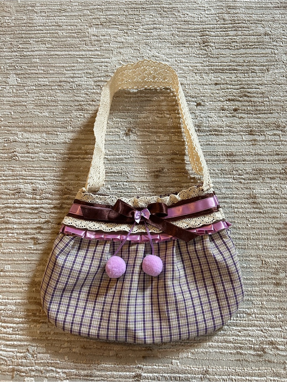Lace-Trim Purple Plaid Shoulder Bag with Pom Pom Accents